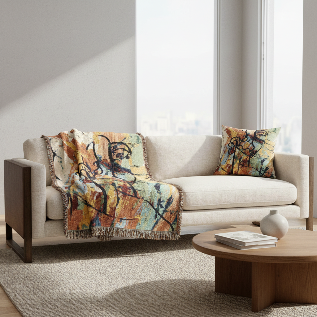 Abstract Art Woven Throw Blanket – Colorful Modern Boho Home Décor for Living Room, Bedroom & Sofa